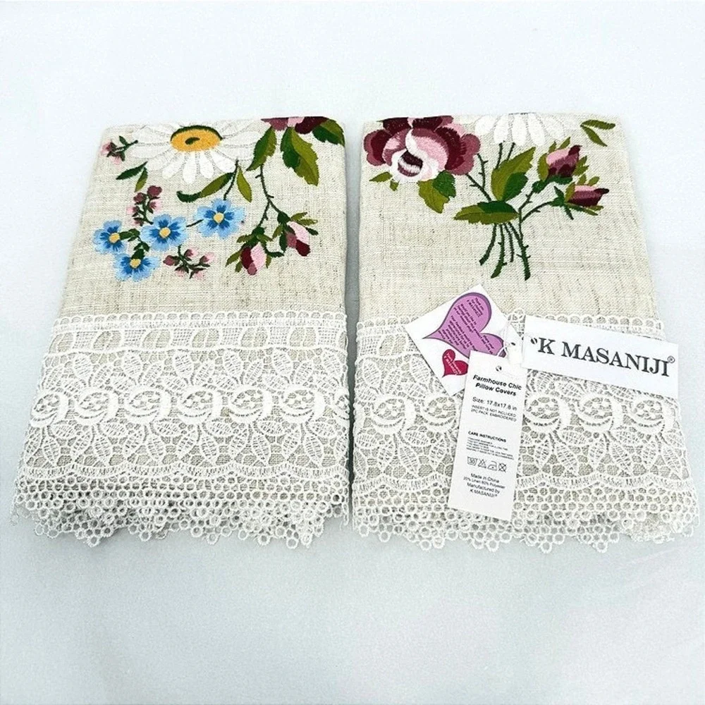K Masaniji Pillow Covers Floral Lace Shabby Chic Cottage Core Embroidered SET